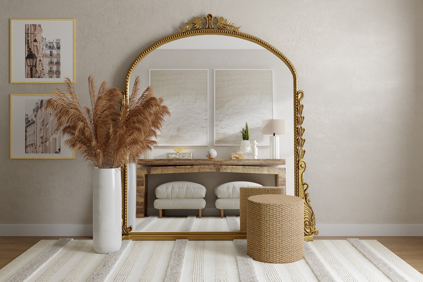 Beże, biele i złoto są najczęściej spotykanymi odcieniami we wnętrzach w stylu modern classic.